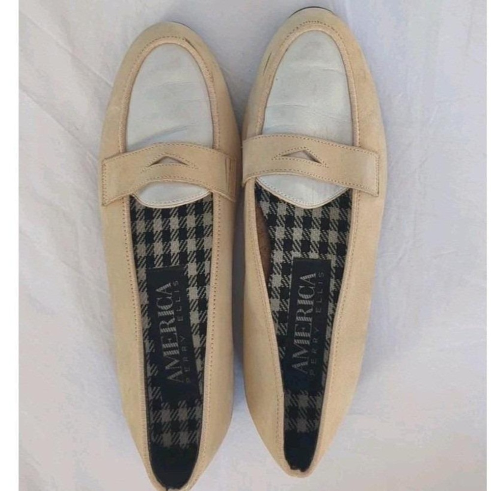 Vtg 90s Perry Ellis Penny Loafer Cream White Suede Leather Flat Preppy *READ